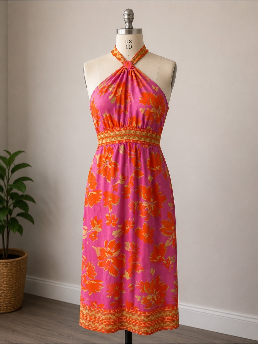 ANTONIO MELANI Pink & Orange Halter Floral Midi Dress
